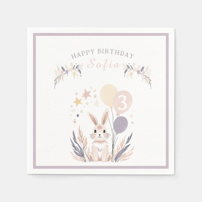 Pastel Boho Rabbit och Balloons Birthday Pappersservett (Framsidan)
