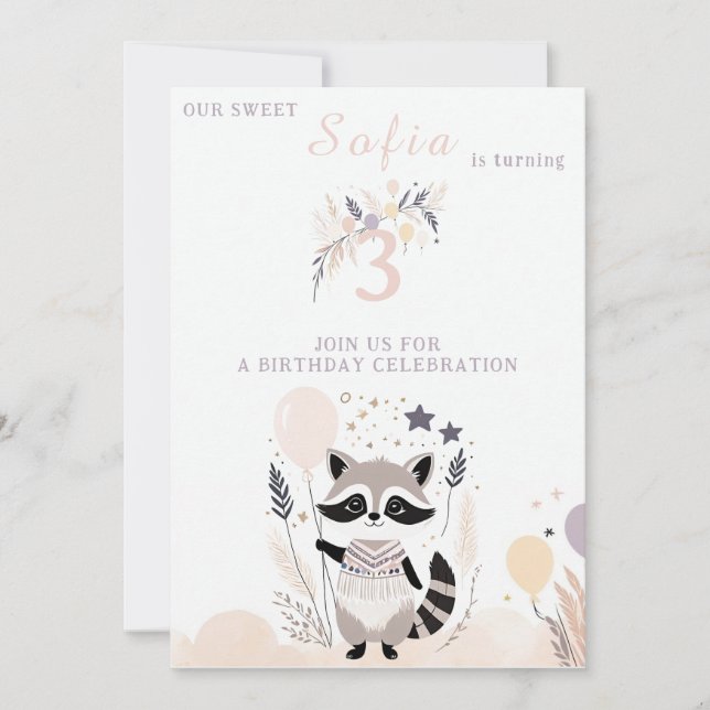 Pastel Boho Raccoon och Balloons Birthday Inbjudningar (Framsida)