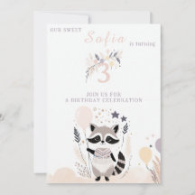 Pastel Boho Raccoon och Balloons Birthday