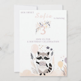 Pastel Boho Raccoon och Balloons Birthday Inbjudningar