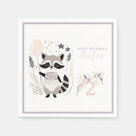 Pastel Boho Raccoon och Balloons Birthday Pappersservett