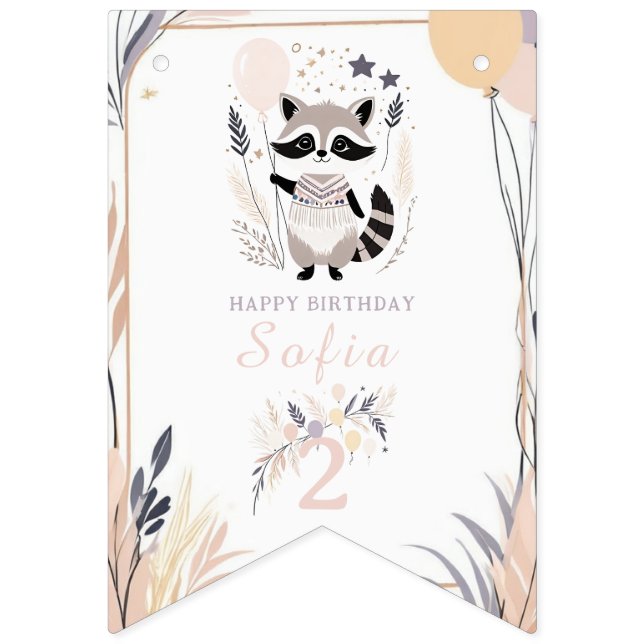 Pastel Boho Raccoon och Balloons Birthday Vimplar (Första flaggan)