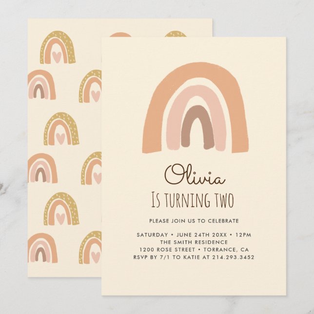 Pastel Boho Rainbow 2:a födelsedagsinbjudan Inbjudningar (Fram/baksida)