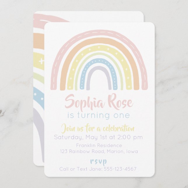 Pastel Boho Rainbow Birthday-inbjudan Inbjudningar (Fram/baksida)