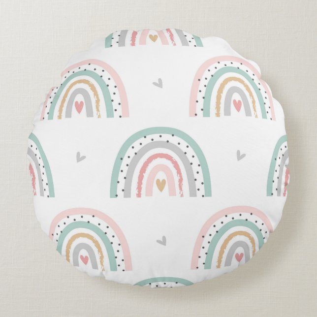 Pastel Boho Rainbow Girls Nursery Rund Kudde (Framsidan)
