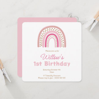 Pastel Boho Rainbow Minimalist Girl Första födelse Inbjudningar