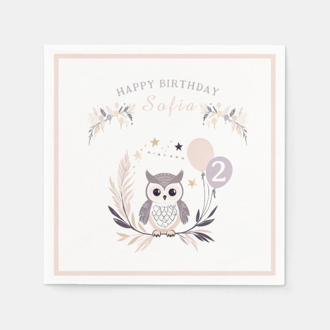 Pastel Boho Uggla och Balloons Birthday Pappersservett (Framsidan)
