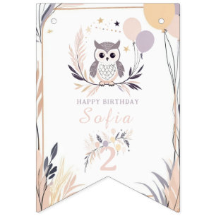 Pastel Boho Uggla och Balloons Birthday Vimplar