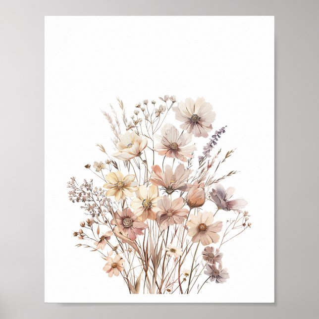 Pastel Boho Vild Flowers Blommigt Vattenfärg Poster (Framsidan)