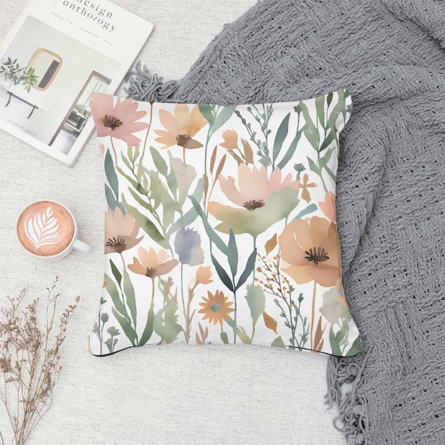 Pastel Boho Wildbloms Watercolor Blommigt Vår Kudde (Skapare uppladdad)