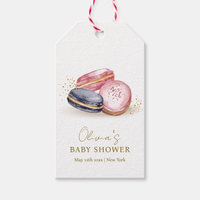 Pastel Bonjour Bébé Fransk Macarons Baby Shower Presentetikett (Framsidan)