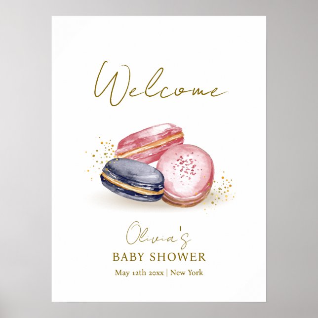 Pastel Bonjour Bébé Macarons Baby Shower Välkommen Poster (Framsidan)