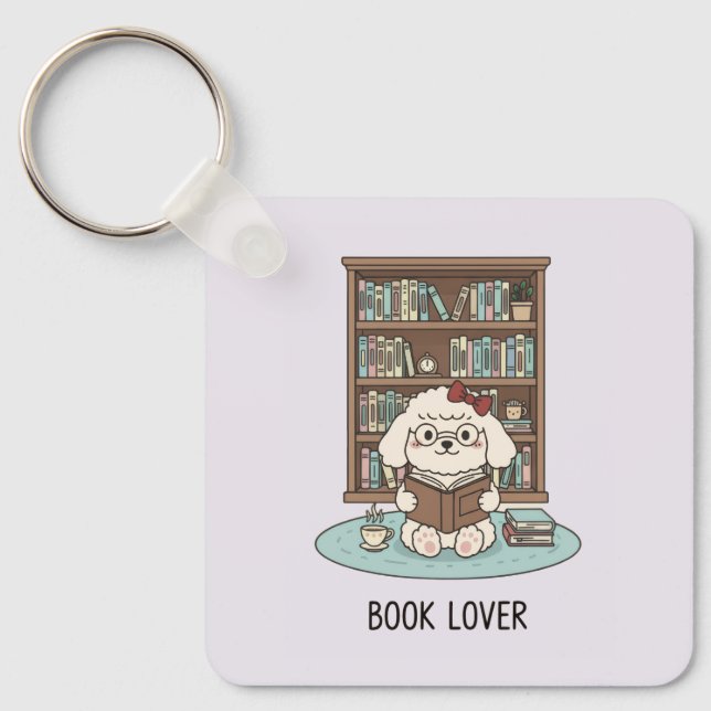 Pastel Book Lover Poodle Puppy Dog Tea Cozy Nyckelring (Framsida)