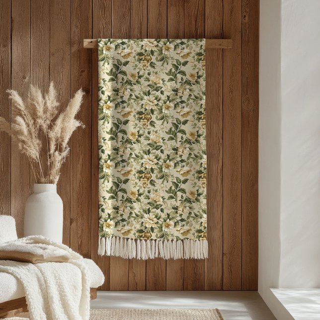 Pastel Botanical Blanket Sage Green Gold Elegance Fleecefilt (Pastel Botanical Blanket Sage Green Gold Elegance)