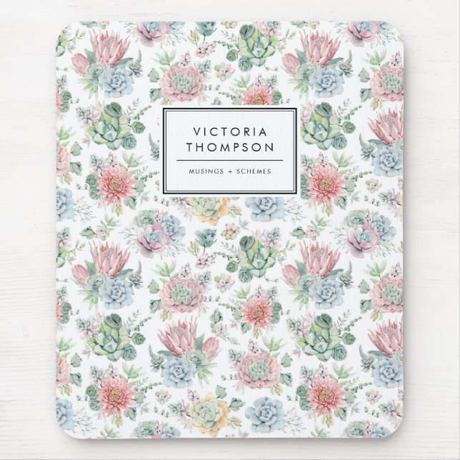 Pastel Botanical Watercolor Succulents Mönster Musmatta (Framsidan)