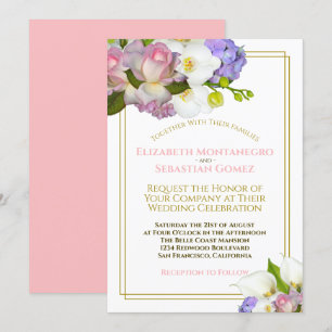 Pastel Bouquet Vår Blommigt Guld och Rosa Bröllop Inbjudningar