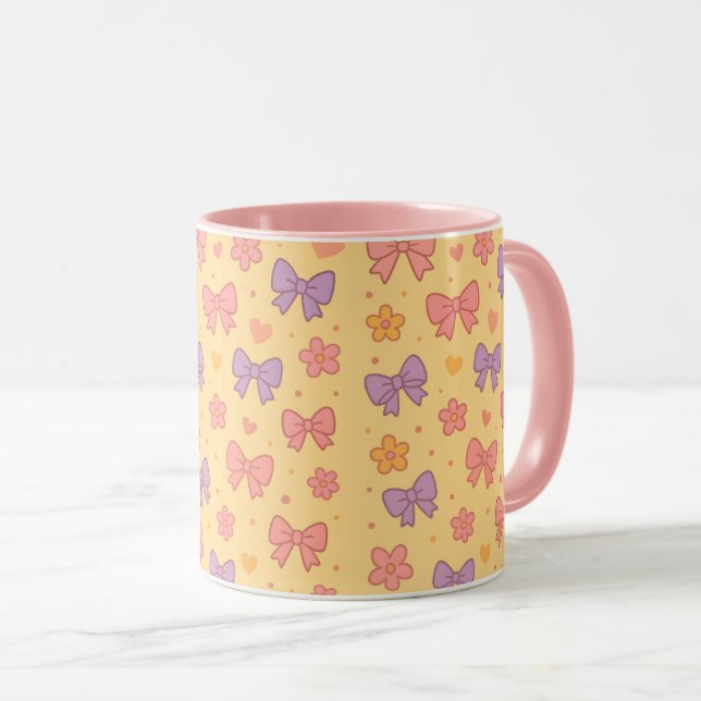 Pastel Bows & Flowers Pattern – Cute Yellow Girly Mugg (Framsida höger)