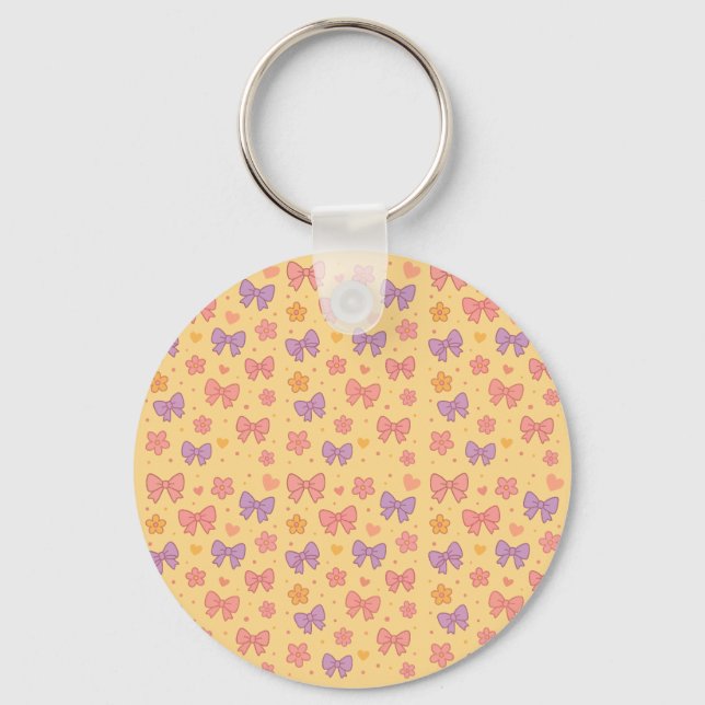 Pastel Bows & Flowers Pattern – Cute Yellow Girly  Nyckelring (Framsida)