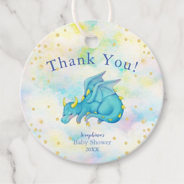 Pastel Boys Blue Dragon Baby Shower Tack Gåvor Etiketter (Framsida)