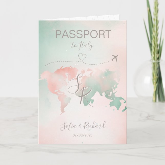Pastel Bröllop Destinationspass World Map Invi Inbjudan (Framsida)