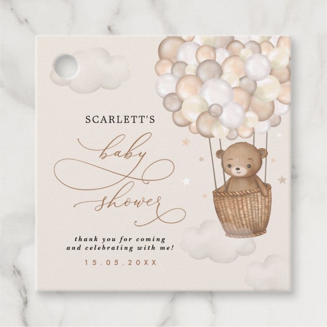 Pastel Brown Bear Luftballong Baby Shower Gåvor Etiketter (Framsida)