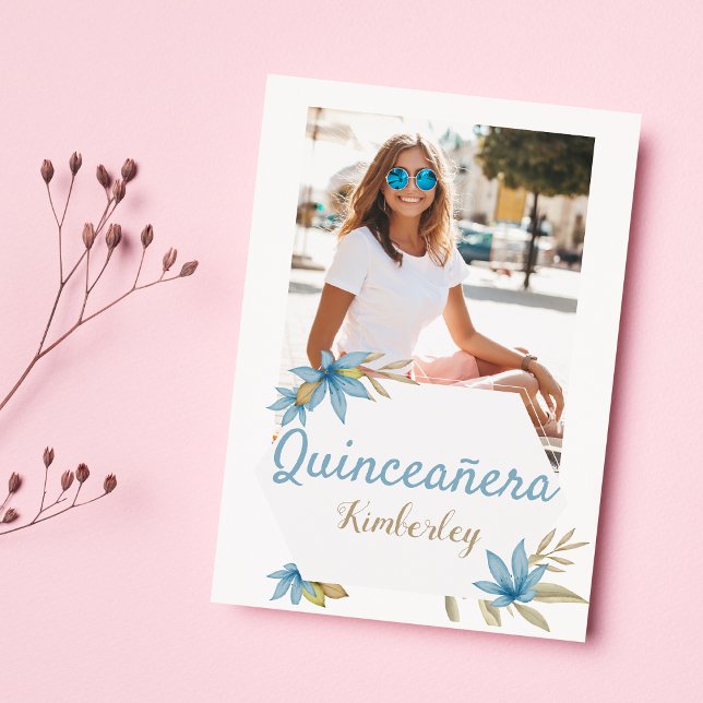 Pastel brown blue flower Photo Quinceañera Party Inbjudningar (Pastel brown blue flower Photo Quinceañera Party)
