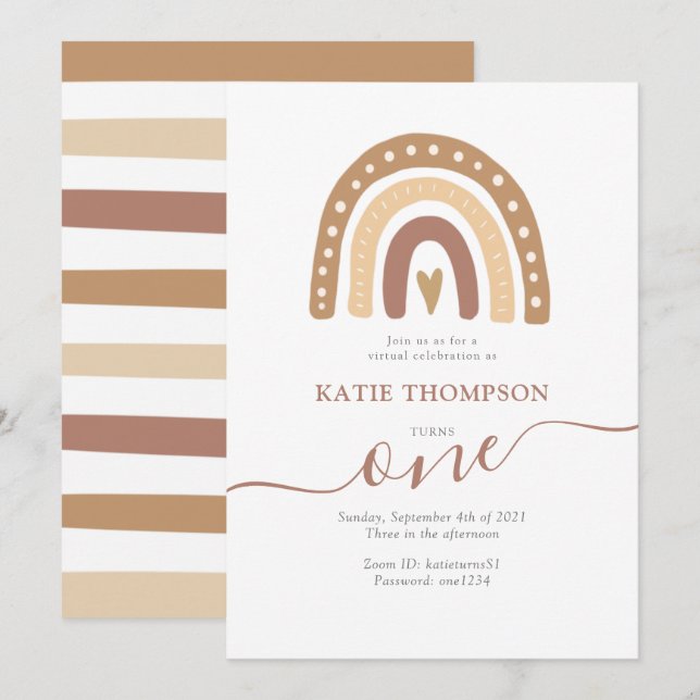 Pastel Brown Rainbow Boho Virtuell första födelsed Inbjudningar (Fram/baksida)