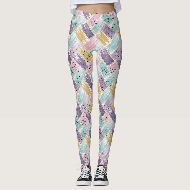 Pastel Brushstroke & Guld Crisscross Abstrakt Leggings (Framsida)