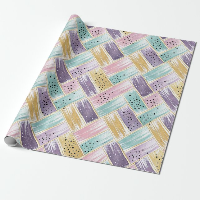 Pastel Brushstroke & Guld Crisscross Abstrakt Presentpapper (Utrullad)