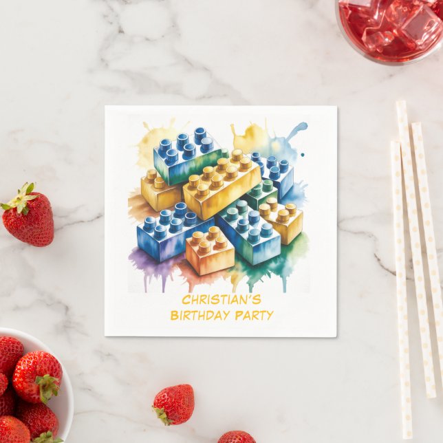 Pastel Building Block Splash Boy Birthday Party Pappersservett (Insitu)