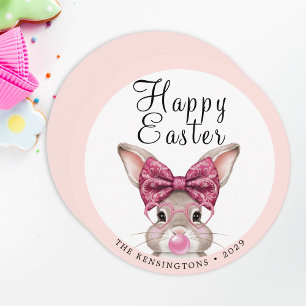 Pastel Bunny Påsk med Familj Namn Mönster Julkort