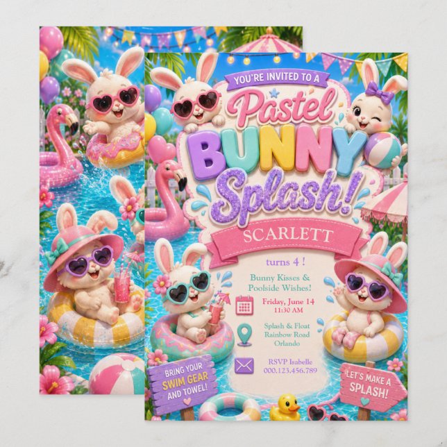 Pastel Bunny Splash Födelsedag - Poolparty Inbjudningar (Fram/baksida)