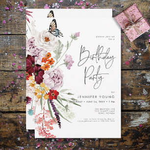 Pastel & Burgundy Blooms Modern Blommigt Birday Inbjudningar