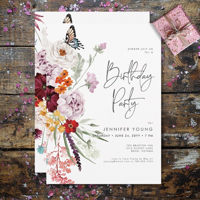 Pastel & Burgundy Blooms Modern Blommigt Birday Inbjudningar (Pastel & Burgundy Blooms Modern Floral Birthday Invitation)
