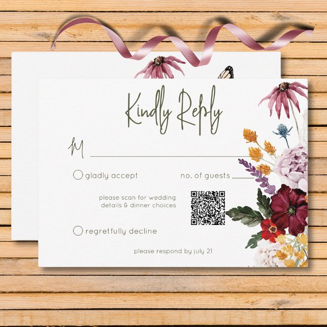 Pastel & Burgundy Blooms Modern Blommigt QR-kod OSA Kort (Pastel & Burgundy Bloom Modern Floral Three Dinner RSVP Card)