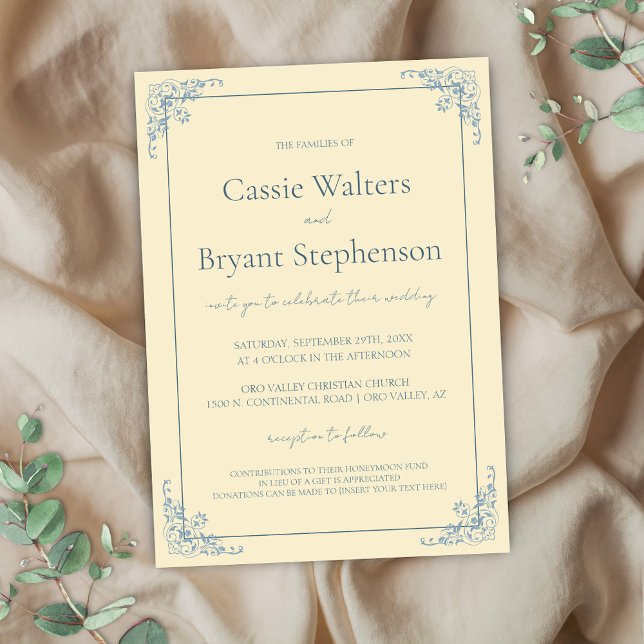 Pastel Butter Gult Dusty Blue Minimal Bröllop Inbjudningar (Elegant butter yellow and dusty blue simple vintage wedding invitation for old money romantic event)