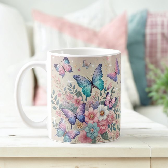 Pastel Butterflies & Glitter Blommigt Delight Kaffemugg (Skapare uppladdad)