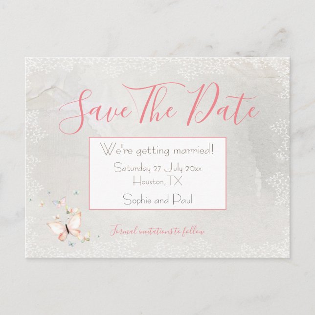 Pastel Butterflies Gräns/Save Date Postcards (Datu Meddelande Vykort (Framsida)