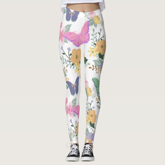 Pastel Butterflies och blommor Leggings (Framsida)
