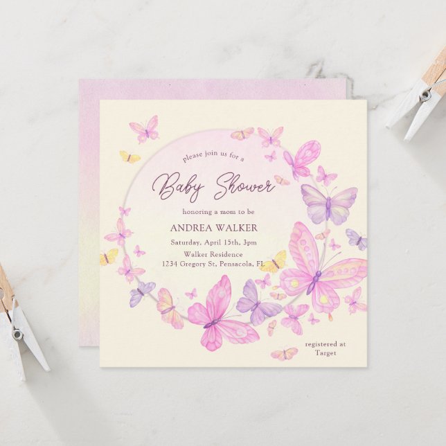 Pastel Butterflies Pink Purple Elegant Baby Shower Inbjudningar (Fram/Back In Situ)