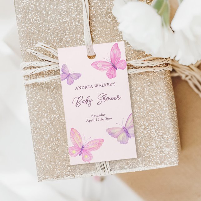 Pastel Butterflies Rosa Lila Baby Shower Presentetikett (Skapare uppladdad)
