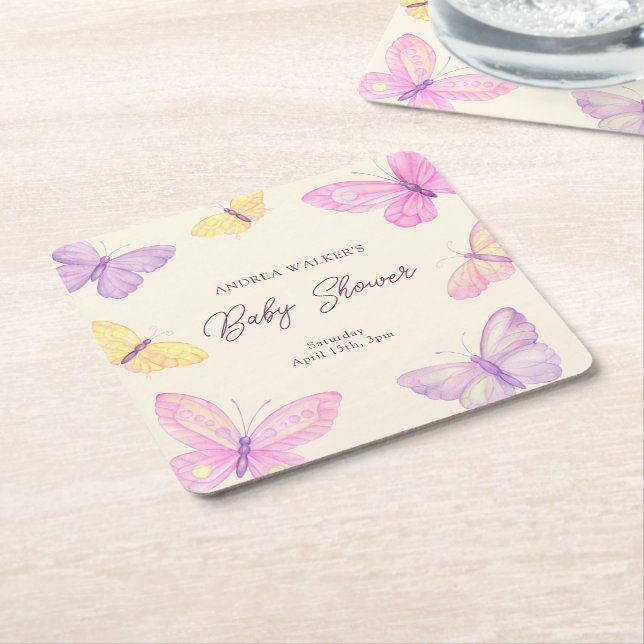 Pastel Butterflies Rosa Lila Baby Shower Underlägg Papper Kvadrat (Vinklad)