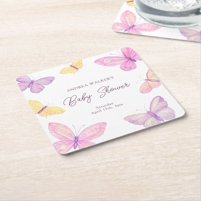 Pastel Butterflies Rosa Lila Baby Shower Underlägg Papper Kvadrat (Vinklad)