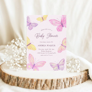 Pastel Butterflies Rosa Lila Elegant Baby Shower Inbjudningar