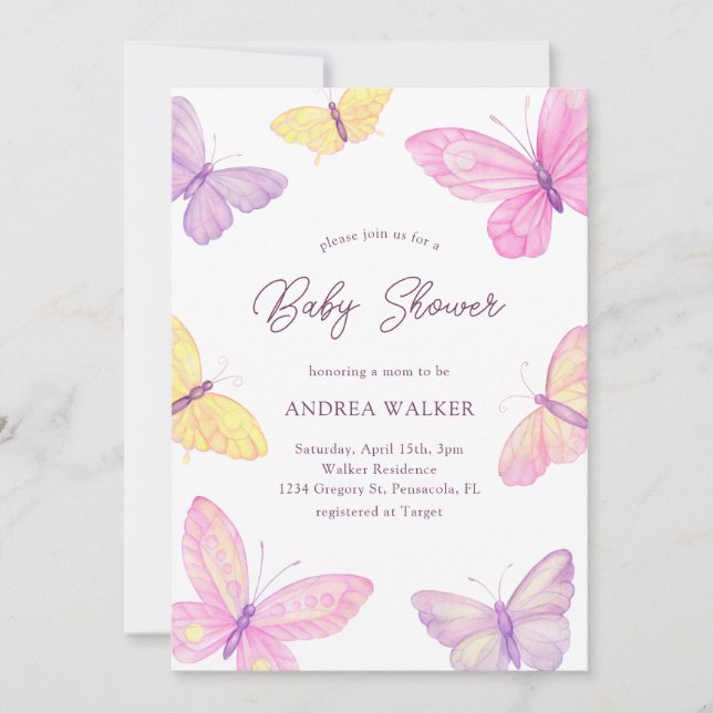 Pastel Butterflies Rosa Lila Elegant Baby Shower Inbjudningar (Framsida)