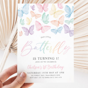 Pastel Butterfly Girl's 1st Birthday Rainbow Party Inbjudningar