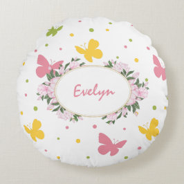 Pastel Butterfly Mönster med Flowers och Namn Rund Kudde