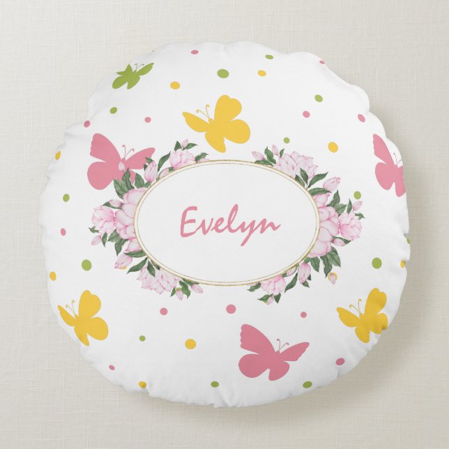 Pastel Butterfly Mönster med Flowers och Namn Rund Kudde (Framsidan)