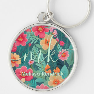 Pastel Butterkoppar Oriental Embroidery Blommigt A Rund Silverfärgad Nyckelring