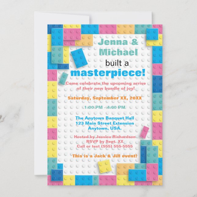 Pastel Byggnad blockerar babyskor Inbjudningar (Framsida)